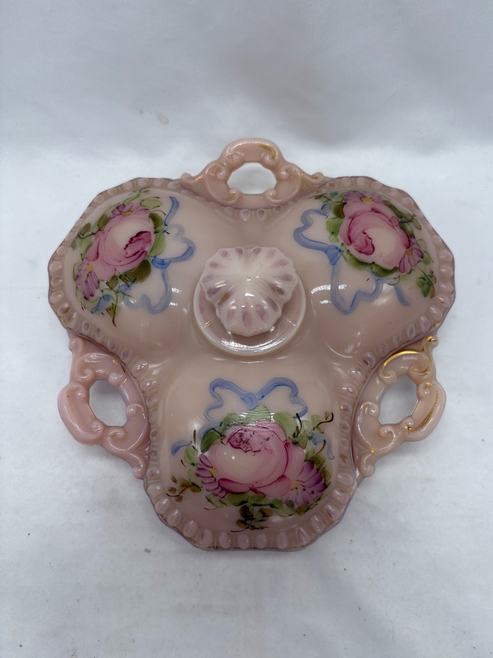Cambridge Glass Crown Tuscan Rose Decorated Three Part Covered Candy/Relish Dish